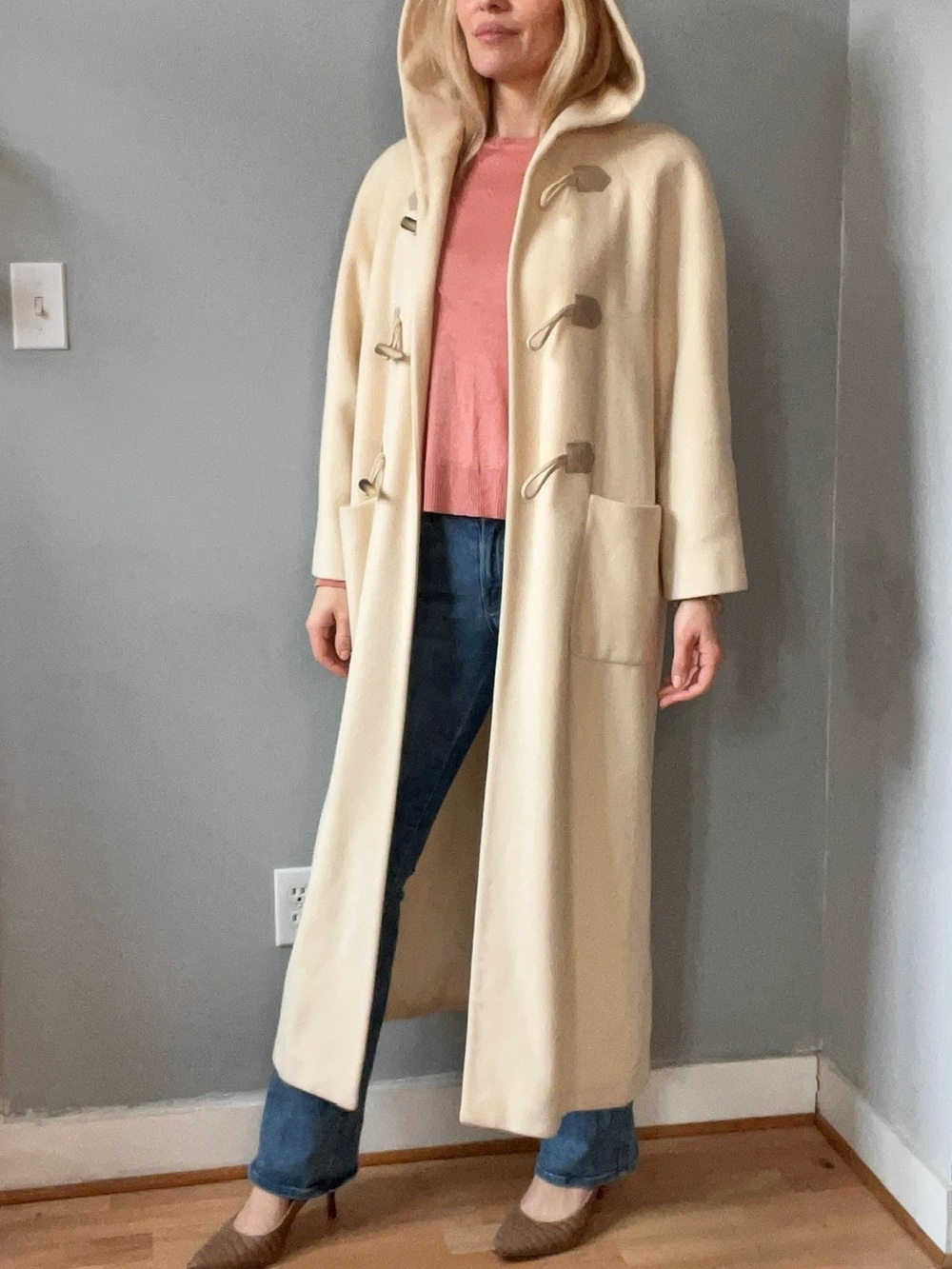 Cream Hooded Italian designer D’Errico Virgin Wool Toggle Coat - Long